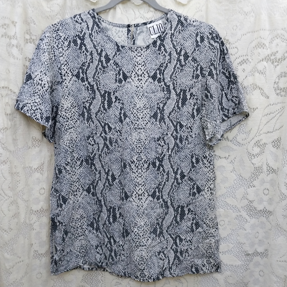 80s 90s 100% Silk Snake Python Print Pullover Popover Top Size M Clio Vintage
